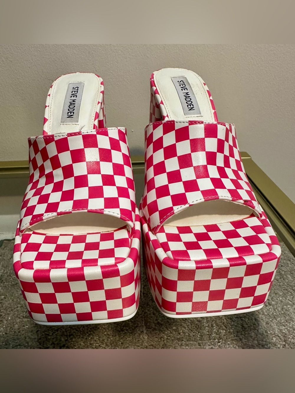 Steve Madden Trixie Platform Sandals Block Heel Pink/White Checkered Size 6 - Picture 7 of 7